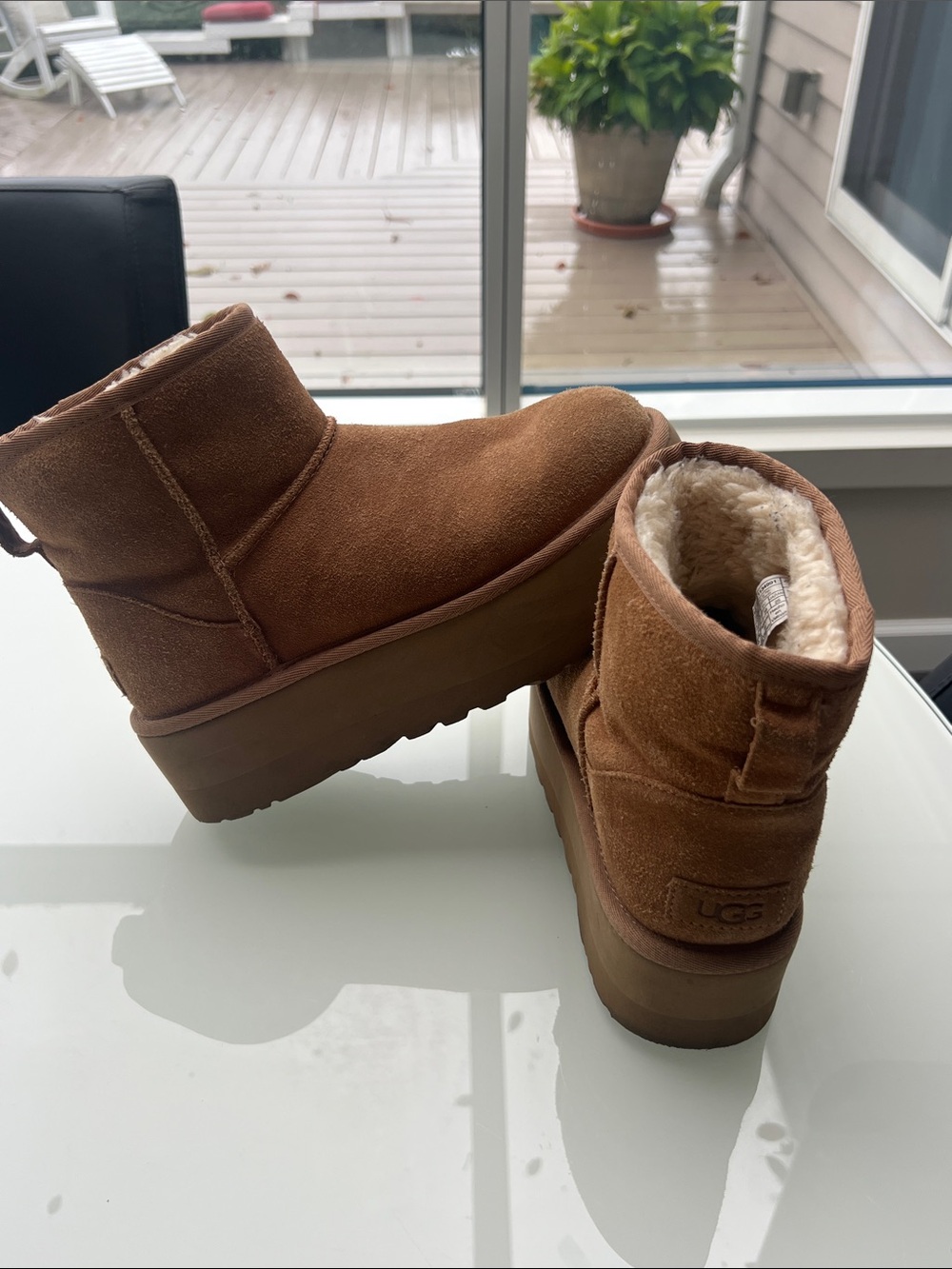 UGG Chestnut Suede Platform Mini Shearling Bootie Slippers